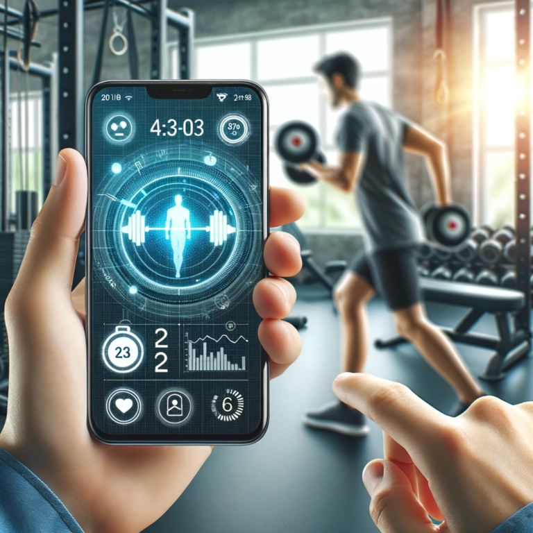 User engaging with a fitness app on their smartphone, displaying workout routines and calorie count, against a backdrop of gym equipment, symbolizing the fusion of AI technology and personal health management.